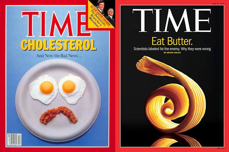 La couverture du TIME en 1984 (qui met en garde contre le gras et le cholestérol) comparée à la couverture du TIME en 2014 (qui admet son erreur passée et encourage à manger du bon gras).